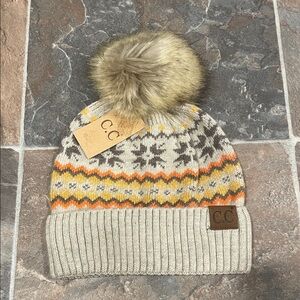 C.C Women's Beanie with Pom Pom - Cream, Orange, and Brown